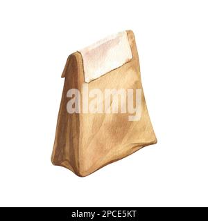 Wasserbraune Verpackungsvorlage für kleine Papiertüten, isoliert auf weißem Hintergrund. Vorlagenmodell-Sammlung wird verpackt. Handgezeichnete Illustration Stockfoto