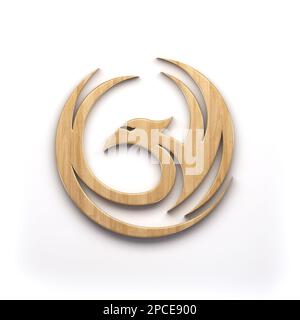 Phoenix Bird in Wood Texture Logo-Kreis mit Flügeln. 3D-Rendering-Abbildung isoliert auf weißem Hintergrund Stockfoto