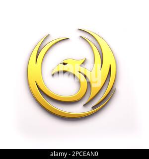 Phoenix Bird in goldenem Logo, Kreis mit Flügeln. 3D-Rendering-Abbildung isoliert auf weißem Hintergrund Stockfoto