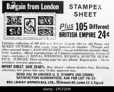 Werbespot für British Empire-Briefmarken in einem Magazin in NatGeo, Januar 1968 Stockfoto