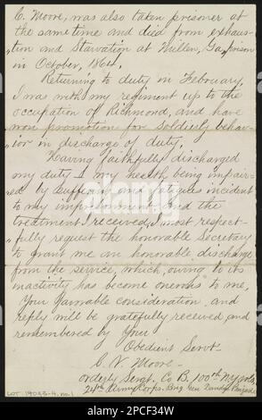 Brief von Cornelius V. Moore an Kriegsminister Edwin M. Stanton, der um Entlassung bittet. Liljenquist Family Sammlung von Bürgerkriegsfotos , ausgestellt in der Library of Congress, Washington, D.C., 2013, pp/liljmem. Moore, Cornelius V, 1843-1920, Associated Objects, Stanton, Edwin M, (Edwin McMasters), 1814-1869, Associated Objects, USA, Army, New York Infanterie Regiment, 100. (1862-1865), People, United States, Army, Illinois Infantry Regiment, 39. (1861-1865), People, United States, Army, New York Infanterie Regiment, 106. (1862-1865), People, United Stockfoto