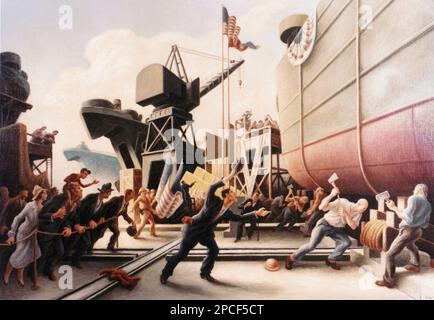1944 , Washington , USA : Dieses Kunstwerk von Thomas Hart Benton aus dem Jahr 1944 zeigt den Start eines Tanklandungsschiffes. Herr Benton wird von vielen Kunstkritikern als der typische amerikanische Künstler des 20. Jahrhunderts angesehen und wurde während des Zweiten Weltkriegs von Abbott Laboratories beauftragt, Kunstwerke über die Marine zu produzieren. Der gefeierte amerikanische Maler Thomas Hart BENTON ( 1889 - 1975 ) war ein amerikanischer Maler und Wandler. KUNST - KUNST - KUNST - KUNST - ARTI VISIVE - KUNST - PITTURA - MALEREI - PITTORE - KÜNSTLER - KÜNSTLERIN - MARINA - ART DECO' - REREALISMO AMERICANO - MODERNISMO - MO Stockfoto