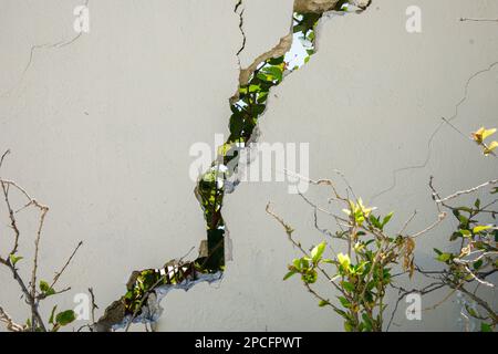Gerissene Betonbauwand an der Außenecke, die von einem Erdbeben und einem Bodeneinsturz betroffen war Stockfoto
