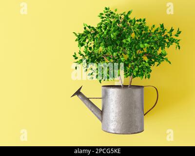 Ein kleiner grüner Baum wächst aus einer alten rostigen Metallgießkanne isoliert vor einem gelben Tischhintergrund. Ein Garten, eine grüne Topfpflanze Stockfoto