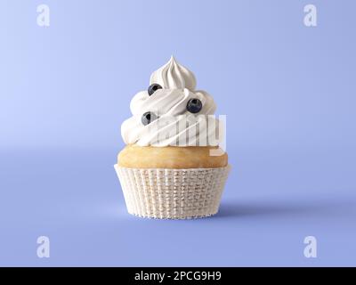 Veganer Vanille-Cupcake mit weißer Schlagsahne und Blaubeeren, isoliert auf lila Hintergrund. Süßer Muffin mit Pappbecher Stockfoto