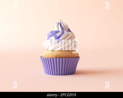 Vanille-Cupcake mit weißer Schlagsahne und Blaubeermarmelade, Wildbeersauce, isoliert auf pastellfarbenem Hintergrund. Süßer Muffin Stockfoto