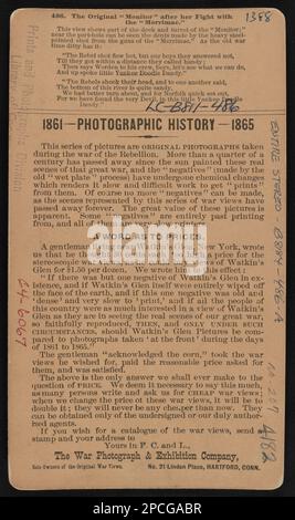 Der ursprüngliche "Monitor" nach ihrem Kampf mit dem "Merrimac". Civil war Photograph Collection , ausgestellt im Museum of Fine Arts, Houston, Texas, 2012-2013, Copy 2: 'War/Photography : Photographs of Armed Conflict and its following Folmath' in der Corcoran Gallery of Art, Washington, D.C, 2013, Copy 3 Exponated: 'War/Photography : Photographs of Armed Conflict and its following Art' in der Corcoran Gallery of Art, Washington, D.C,, Copy Exponed: 'War/Photography : Fotografien von Armed Conflict und seine Folgen im Brooklyn Museum of Art, Brooklyn, N. Y, 2013-2014, Original Negative ist: LC-B811-486. James River (Va), 1860-1870, Monitor (Ironclad), 186 Stockfoto