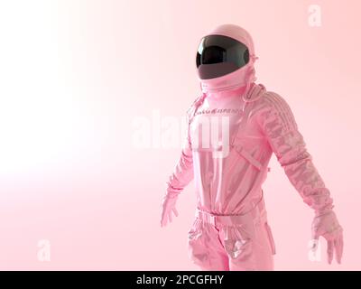 Futuristischer rosafarbener Raumanzug, weiblicher Astronaut auf pinkfarbenem Hintergrund. Astronaut. Raumfahrtmode, innovative Kunst, Raumfahrtfrauen. 3D-Darstellung rendern. Stockfoto