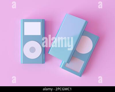 Blauer MP3-Player aus Aluminium mit rundem Knopf, isoliert auf pinkfarbenem Hintergrund, Draufsicht. Drei Musik-Player. Einfache weiße Taste MP3 Stockfoto