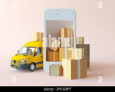 Ein weißes Smartphone und ein paar Boxen. Gelber Truck. Kreatives Isometriekonzept von Liefer-, Lager-, Transportunternehmen. Mobile App Stockfoto