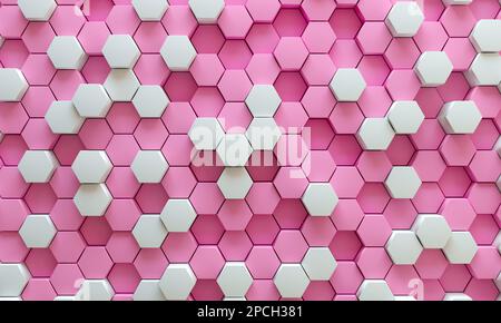 Rosafarbenes und weißes Wabenmuster, Sechskant, 3D-Darstellung. 3D futuristischer Wabenmosaikhintergrund. Realistische Struktur der geometrischen Netzzellen Stockfoto