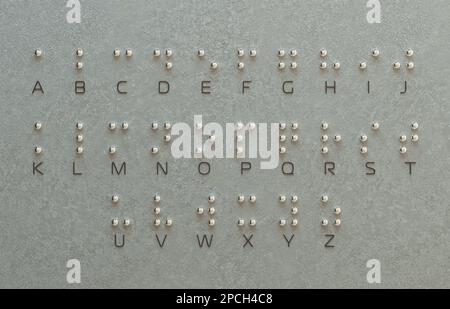 Alphabet-Leitfaden in Braille-Schrift, A-Z-System für visuelles Schreiben. Braille-Sprache. Blindablesung. Buchstaben aus goldenen Kugeln, isoliert auf grauem Hintergrund. Stockfoto