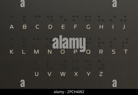 Alphabet-Leitfaden in Braille-Schrift, A-Z-System für visuelles Schreiben. Braille-Sprache. Blindablesung. Leuchtende Buchstaben aus schwarzen Tropfen mit dunklem Hintergrund. Stockfoto