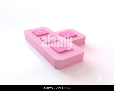 Pink minimalistisch abstrakte Technologie Ausrüstung Schaltfläche Tastatur 3D Darstellung. Tasten nach oben, nach unten, nach links und nach rechts auf einer Computertastatur. Stockfoto