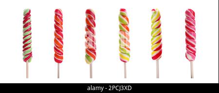 Set mit leckeren bunten Lutschern auf weißem Hintergrund. Bannerdesign Stockfoto