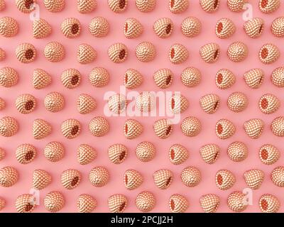 Goldene Metall-Himbeeren in Rosa. Minimales Fruchtmuster. Goldene Beeren auf pinkfarbenem Hintergrund. 3D-Darstellung. Goldene Beeren Stockfoto