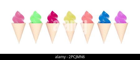 Auswahl an Eiscreme in einem Zapfen isoliert auf weißem Hintergrund. Eis mit verschiedenen Geschmacksrichtungen, Vorderansicht. Ein Set köstlicher mehrfarbiger Eiscreme Stockfoto