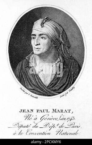 1800 Ca : der französische Politiker-Rivolutionär JEAN PAUL MARAT ( Genf , Suisse 1743 - Paris 1792 ). Design von F. Bonneville , eingraviert von Sandoz - FRANZÖSISCHE REVOLUTION - RIVOLUZIONE FRANCESE - POLITIKER - POLITICA - POLITISCH - SOZIALISTISCH - GESCHICHTE - foto Storiche - Hut - cappello - Rituratto - RIVOLUZIONARIO - Gravur - Incisione - Illustration - PORTRÄT - RITRATTO - GBB- Archivio Stockfoto