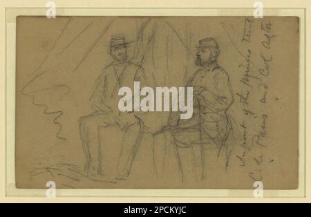 Vor dem Zelt der Prinzen, C. de Paris und Colonel Astor. Morgan Sammlung von Zeichnungen aus dem Bürgerkrieg. Paris, Louis-Philippe-Albert d'Orleans, comte de, 1838-1894, Militärdienst, Astor, John Jacob, Militärdienst, Militäroffiziere, Union, 1860-1870, Militärlager, Union, 1860-1870, Vereinigte Staaten, Geschichte, Bürgerkrieg, 1861-1865, Militärleben, Union, Vereinigte Staaten Stockfoto