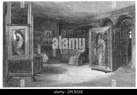 Das Studio des skandalösen britischen Malers DANTE GABRIEL ROSSETTI ( 1828 - 1882 ), beeinflusst durch die vor-Raphaelliten-Bewegung von BROTHERWOOD mit William Hunt , Ford Madox Brown und John Everett Millais . - PITTORE - PITTURA - ARTI VISIVE - ARTE - ARTS - ATELIER - STUDIO - Bohemien - maudit - artista maledetto - Gabriele - PRERAFFAELLITISMO - PRERAPHAELITE - PRERAFFAELLITA - PRERAFFAELLISMO - PRERAPHAELISM - Incisione - Gravur - GBB -- Stockfoto