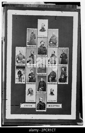 Union Martyrs: Berry, Jas. R. McPherson, Alex. Hayes, Ransom, Buford, J. Sedgwick, D. Russell, Geo Stone, N. Lyon, O.M. Mitchell, E.V. Sumner, Wadsworth, Richardson, Stevens, Kearney, J.J. Reynolds sic und Birney. Bürgerkriegsfotos, 1861-1865. Usa, Geschichte, Bürgerkrieg, 1861-1865. Stockfoto