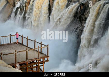 Frau auf Aussichtsplattform, Augrabies Falls in Flut, 22. November 2022, Nordkap, Südafrika Stockfoto