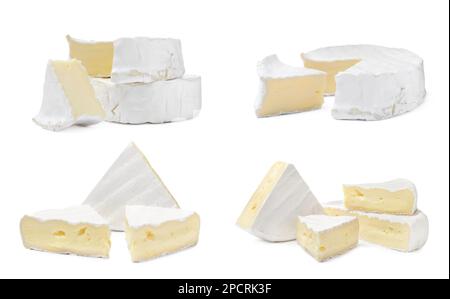 Mit leckerem Brie-Käse auf weißem Hintergrund Stockfoto