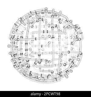 Rohre mit Flanschen um eine große Kugel Stockfoto