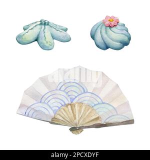 Handgezeichnetes Aquarell-Set traditioneller japanischer Süßigkeiten. Sommer Nerikiri Wagashi mit Ventilator. Isoliert auf weißem Hintergrund. Design für Einladungen Stockfoto