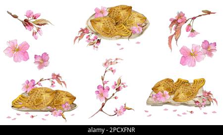 Handgezeichnete traditionelle japanische Süßigkeiten in Aquarellfarben. Kompositionen mit Frühlings-Wagashi, Taiyaki, Tee, Rahmen. Isoliert auf weißem Hintergrund Stockfoto