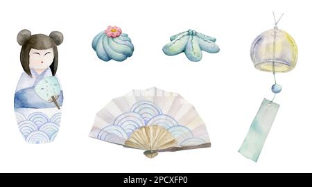 Handgezeichnetes Aquarell-Set traditioneller japanischer Süßigkeiten. Sommer Nerikiri Wagashi mit Ventilator. Isoliert auf weißem Hintergrund. Design für Einladungen Stockfoto