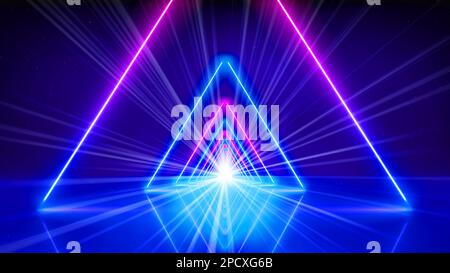 Leuchtende Neonlinien, Tunnel, abstrakter technologischer Hintergrund, virtuelle Realität. Rosa blau lila Neon dreieckigen Korridor, Perspektive. Ultraviolet br Stockfoto