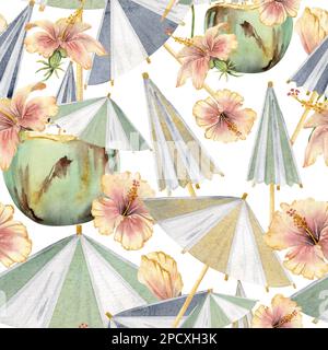 Handgezeichneter, wässriger Kokosnuss-Cocktail mit Papierschirm und Hibiskus. Nahtloses Muster. Isoliert auf weißem Hintergrund. Wandbild, Hochzeit, Druck Stockfoto