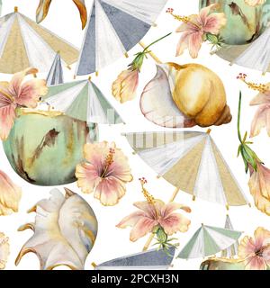 Handgezeichneter, wässriger Kokosnuss-Cocktail mit Papierschirm und Hibiskus. Nahtloses Muster. Isoliert auf weißem Hintergrund. Wandbild, Hochzeit, Druck Stockfoto