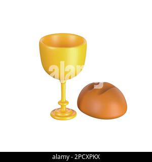 3D Ikone eucharist Brot und Wein. Sakrament der Religion der Heiligen Kommunion christliche Spiritualität. Isoliert auf weißem Hintergrund mit Beschneidungspfad Stockfoto