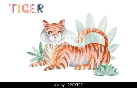 Aquarelle Illustration Tiger. Kinderdarstellung eines afrikanischen Tieres. Buchzeichnung. Stockfoto