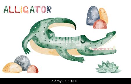 Aquarelldarstellung eines Aligators. Kindliche Darstellung eines Tieres. Trainingskarte. Stockfoto