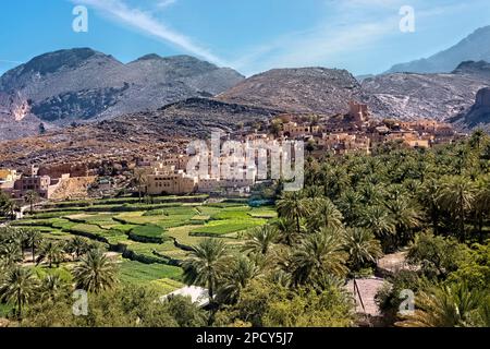 Das schöne Oasendorf bald Sayt (Balad Sayt), die westlichen Hajar Berge, Ash Sharaf, Oman Stockfoto