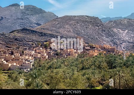 Das schöne Oasendorf bald Sayt (Balad Sayt), die westlichen Hajar Berge, Ash Sharaf, Oman Stockfoto