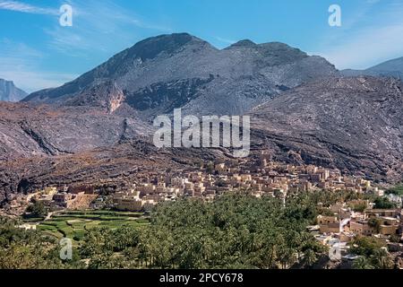 Das schöne Oasendorf bald Sayt (Balad Sayt), die westlichen Hajar Berge, Ash Sharaf, Oman Stockfoto