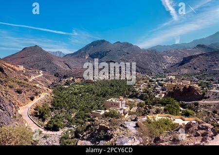 Das schöne Oasendorf bald Sayt (Balad Sayt), die westlichen Hajar Berge, Ash Sharaf, Oman Stockfoto