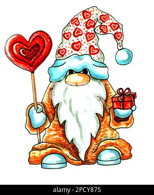 GNOME in weißer Mütze mit roten Herzen, in seinen Händen ein Lutscher-Herz und ein Geschenk in roter Schachtel mit Schleife. JPEG-Abbildung. Stockfoto