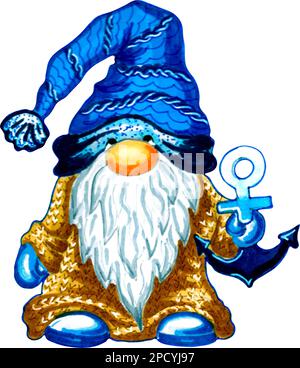 GNOME Seemann mit blau gestreiftem Hut und beigefarbenem gestricktem Regenmantel, der den Anker in der Hand hält. JPEG-Abbildung. Stockfoto