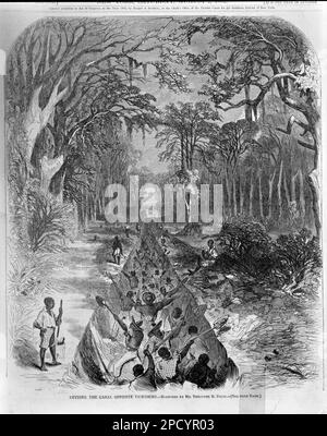 Schnitt am Kanal gegenüber Vicksburg / skizziert von Herrn Theodore R. Davis... Titel von Element, Abbildungen In: Harper's Weekly, v. 6, no 292 (1862. August 2), S. 481. Kanalbau, Mississippi, Vicksburg, 1860-1870, Kanalbauarbeiter, Mississippi, Vicksburg, 1860-1870, Campaigns & Battles, Mississippi, Vicksburg, 1860-1870, Afroamerikaner, Mississippi, Vicksburg, 1860-1870, Usa, Geschichte, Bürgerkrieg, 1861-1865, Ingenieurwesen und Bauwesen. Stockfoto