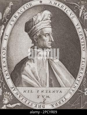 Amerigo Vespucci 1454 - 1512, alias Americus Vespucius oder Américo Vespucio. Italienischer Forscher und Kartograf. Der Kontinent Amerikas ist nach ihm benannt. Nach einer Arbeit von Crispijn van de Passe. Stockfoto