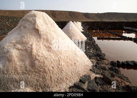 Salzhaufen, die für die Tour von den letzten Tanks in salinas de janubio Salzebenen auf Lanzarote, Kanarischen Inseln, Spanien gesammelt wurden. Die Hütchen sind im Winter und Stockfoto