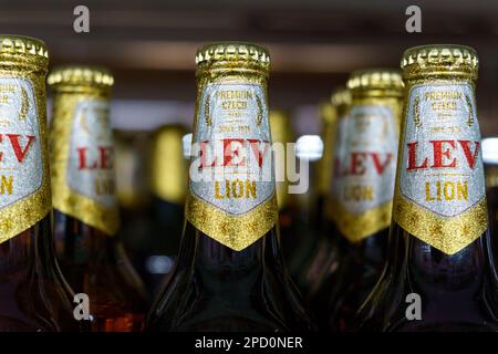 Tjumen, Russland-25. Februar 2023: Helles Bier im Stil von LEV Pilsner tschechisches Lichtlager Stockfoto