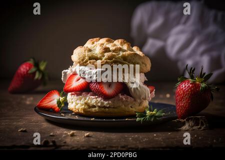 Das ultimative Frühstück: Goldene Pfannkuchen garniert mit Schlagsahne und dicken, saftigen Erdbeeren Stockfoto