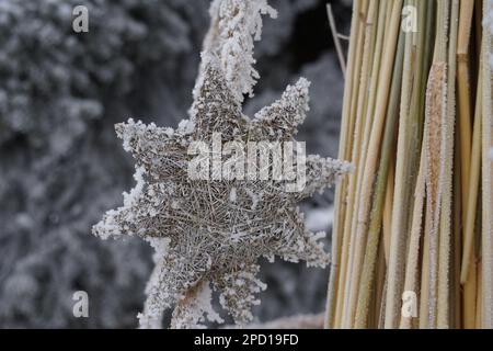 Didukh. Fragment aus der Nähe. Ukrainische Weihnachtsdekoration und traditionelles Symbol. Aus Stroh verschiedene Getreide Stockfoto