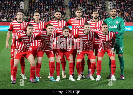 Die Girona FC-Mannschaft spielte während des Spiels La Liga zwischen dem Girona FC und Atletico de Madrid am 12. März 2023 im Montilivi-Stadion in Girona, Spanien. (Foto: Sergio Ruiz / PRESSIN) Stockfoto